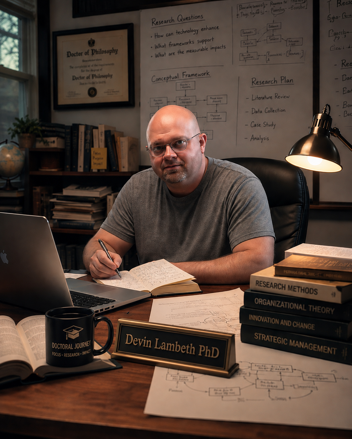 AI-generated portrait of Devin Lambeth, Ph.D., seated at a desk with research notes